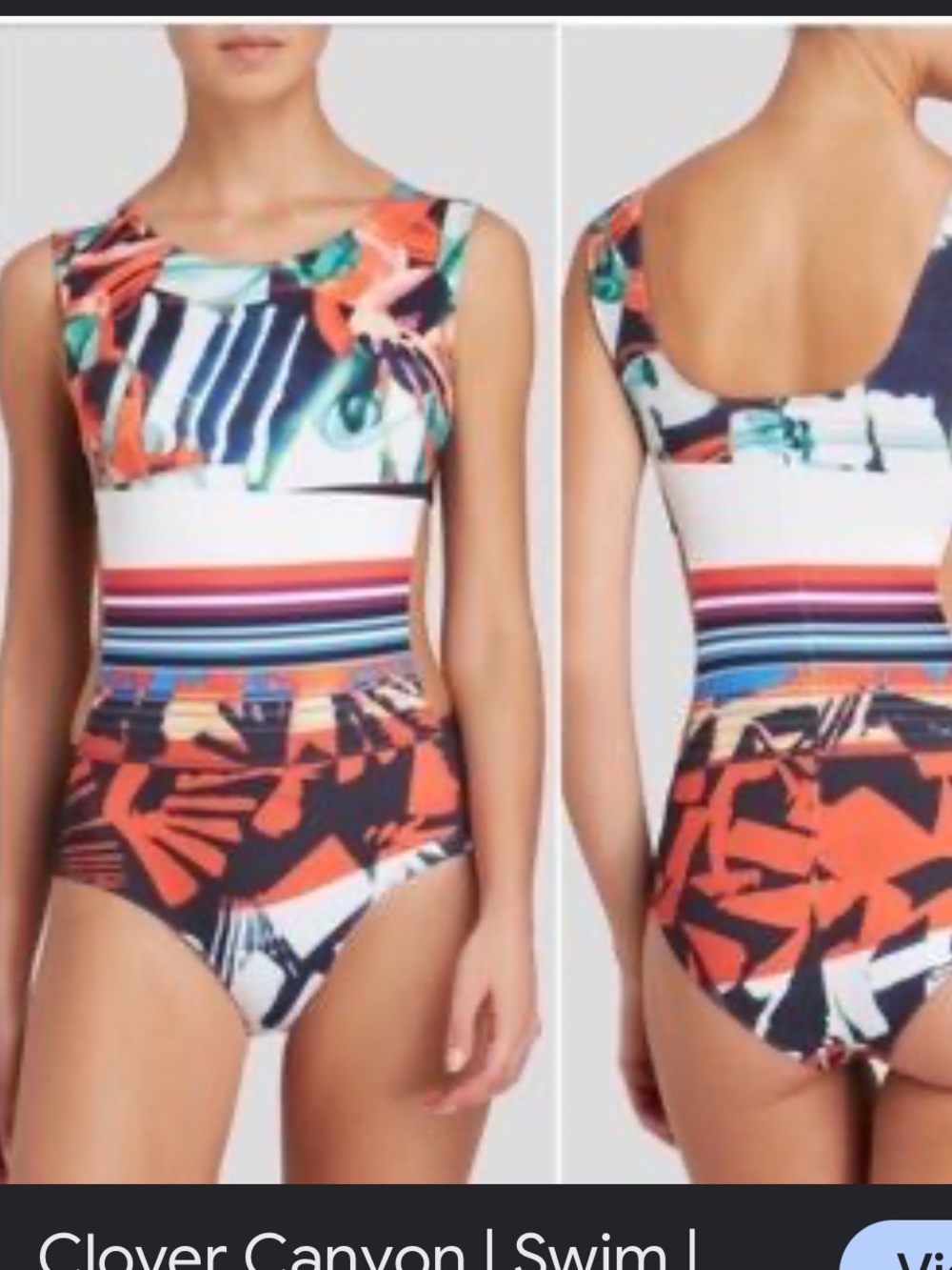 Clover Canyon Orange, Navy & White Abstract Stripe One-Piece with side cut out